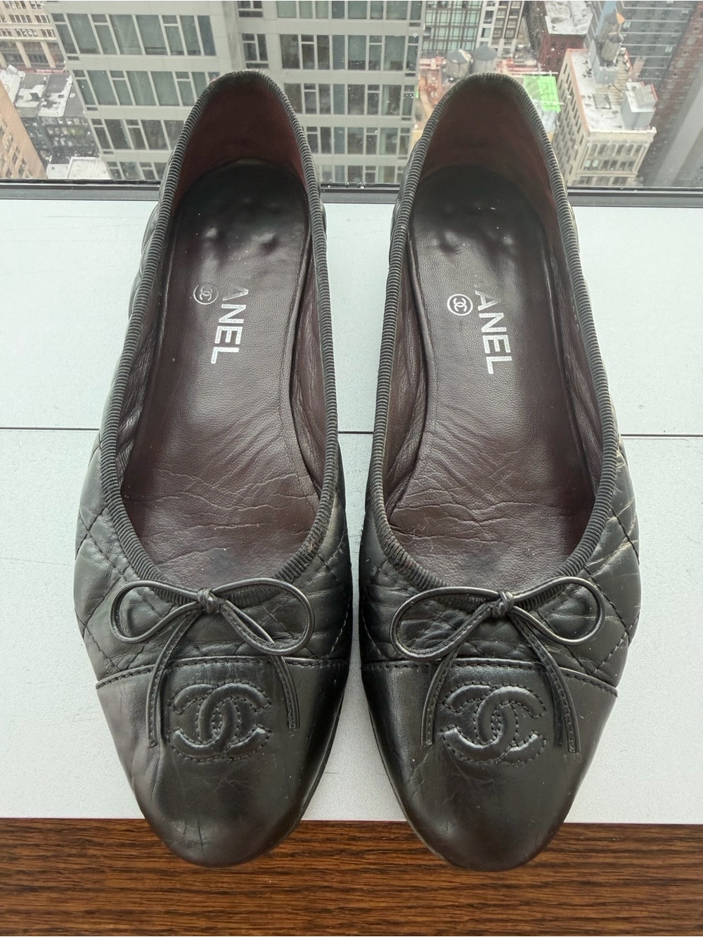 CHANEL Black Quilted Leather CC Bow Ballet Flats